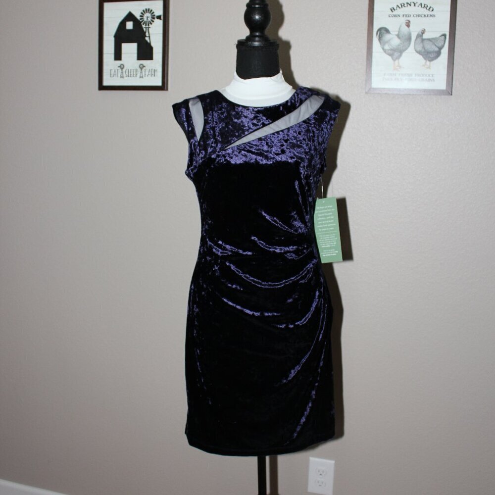 Scarlett Womens Dark Navy Blue Velvet Cocktail Dress Size 8P Mesh Inset Stretch